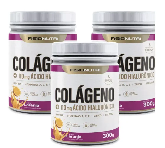 Colágeno Hidrolisado + Ácido Hialurônico Pote 300g Pó Sabor Laranja